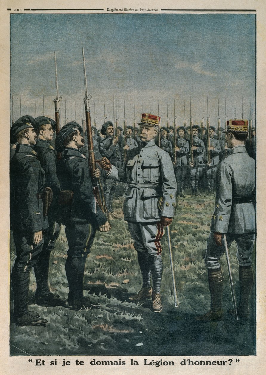 General Petain inspicerer 42. Mountain Infantrymen Regiment, og hvad nu hvis jeg giver dig Æreslegionen, bagsideillustration fra Le Petit Journal, supplement illustre, 23. september 1917 ( af French School