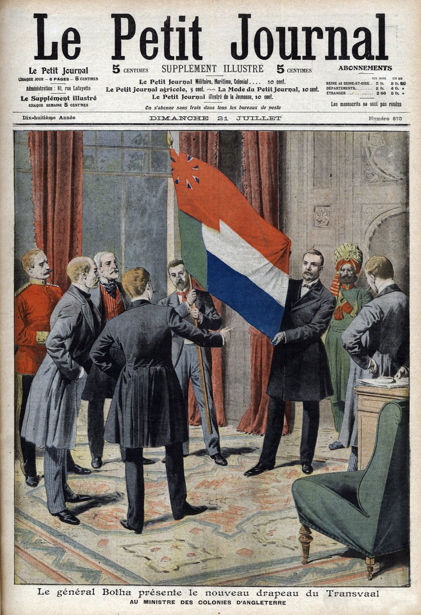 General Pieter Willem Botha (en Boer) præsenterer det nye flag for Transvaal (Sydafrika) til den engelske koloniminister Lord Elgin - I "Le Petit Journal" af 21. juli af French School