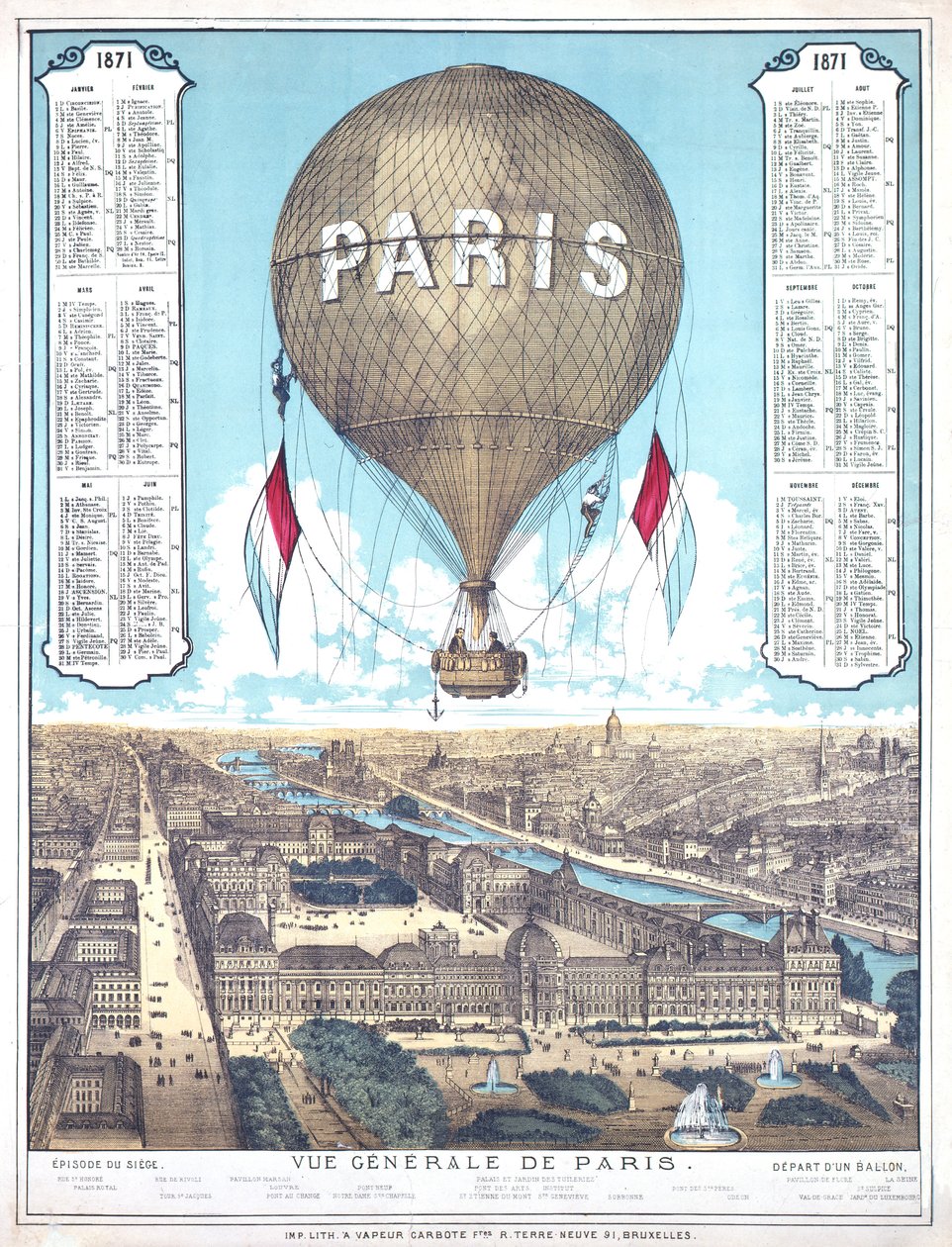 Generelt syn på Paris og liste over ballonens afgangssteder under belejringen i Paris, 1871 af French School