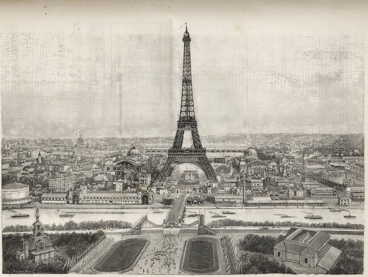 Generel visning af verdensudstillingen i Paris i 1889 med Eiffeltårnet fra Trocadero, gravering - Generelt billede af verdensudstillingen i Paris i 1889 med Eiffeltårnet, gravering i Le Monde illustrious de 1889 af French School