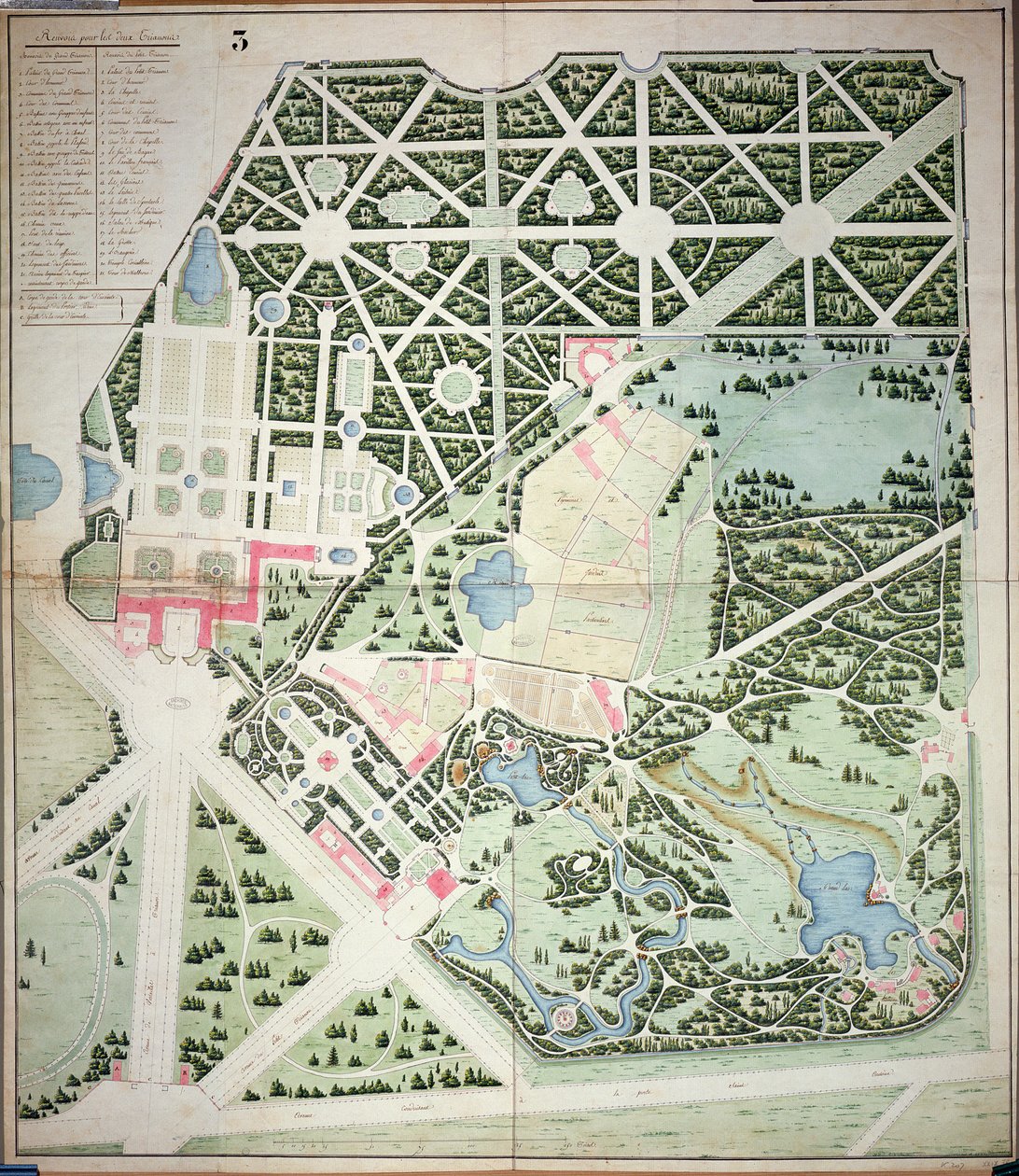 Generel plan over parkerne i de to Trianon-paladser, Versailles, tidligt i det 19. århundrede (pen & blæk og wc på papir) af French School