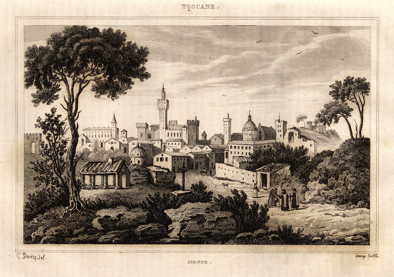 Generelt billede af Siena (Siena) i Toscana, gravering af C. Deveze i "Italien malerisk"", Amable Coste redaktør af French School