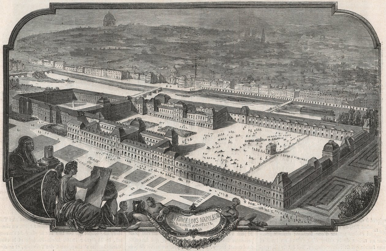 Generelt billede af Palais du Louvre og Tuilerierne i 1852 - Indgravering i "Tableau-de-Paris"" af Edmond Texier 1852 af French School