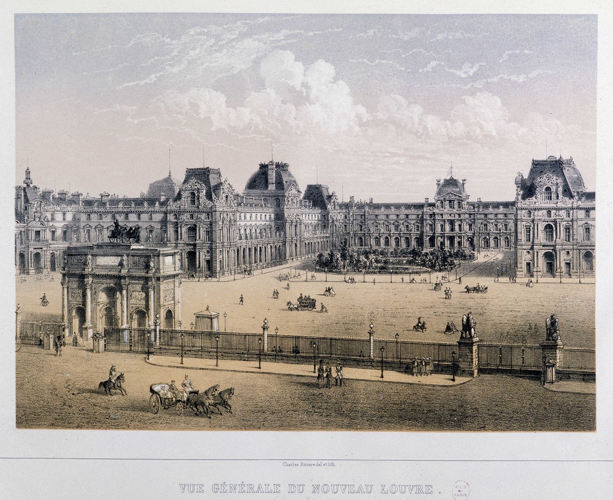 Generelt billede af det nye Louvre: Arc du Carrousel - Indgravering af det 19. århundrede. af French School