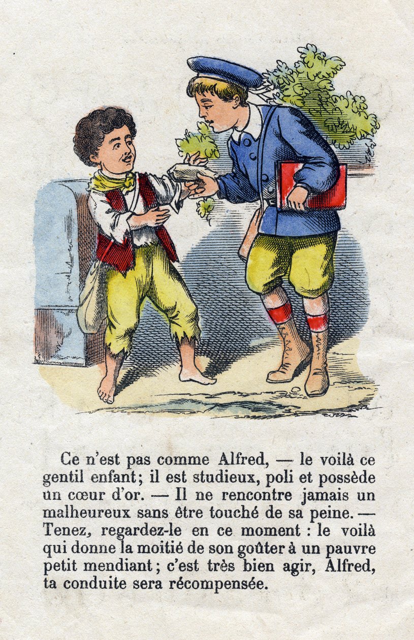 Generøsitet. Barn, der giver halvdelen af sin smag til en lille tigger. Små drenges alfabet. Abecedary har moralsk værdi indeholdende læseøvelser. Epinal billeddannelse sidst i det 19. århundrede af French School