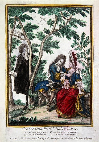Gentleman, der bejler til en dame i skyggen af en skov, (farvet indgravering) af French School