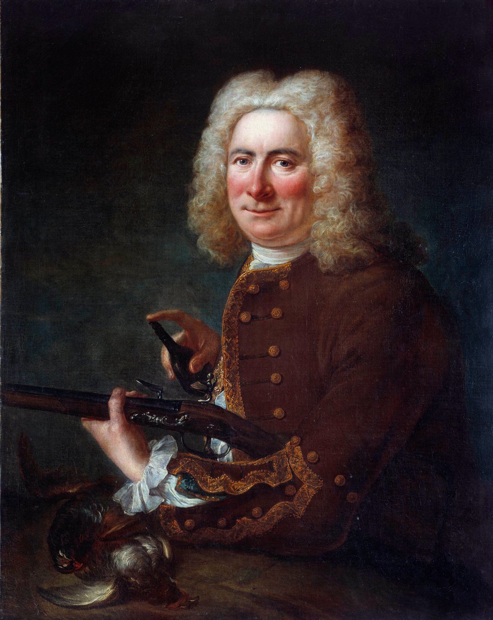 Herre med flintriffel. Anonymt maleri fra det 18. århundrede. Gien, Musee de la chasse - Herre med en flintlåspistol. Anonymt maleri fra det 18. århundrede. Jagtmuseet, Gien, Frankrig af French School