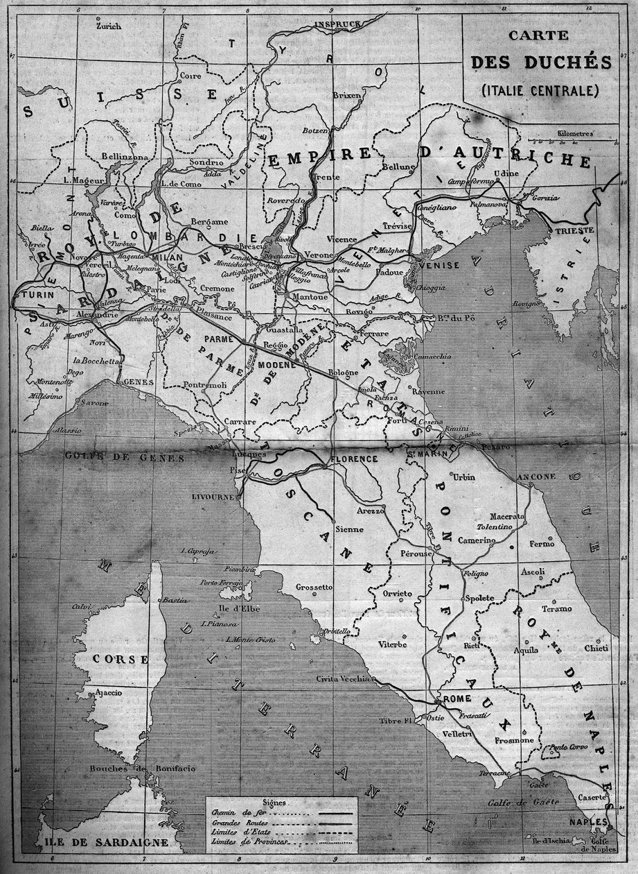 Geografisk kort over hertuginden af Centralitalien i 1860. Indgravering i "" Le Monde Illustré"" nr. 143 af 7. januar 1860. af French School