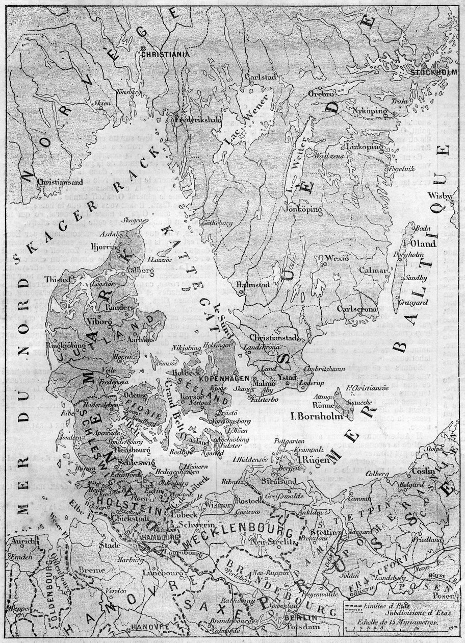 Geografisk kort over Danmark i 1861, med hertuginden af Slesvig, Holsten og Lauenburg. Indgravering i "" Le Monde Illustré"" nr. 200 af 9. februar 1861. af French School