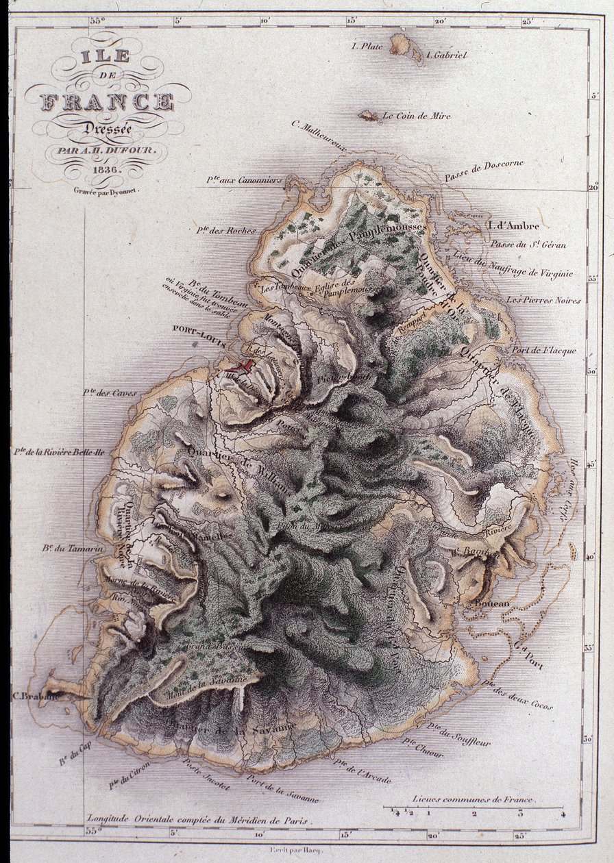 Geografisk kort over Mauritius (Anc. Ile de France) - gravering af French School