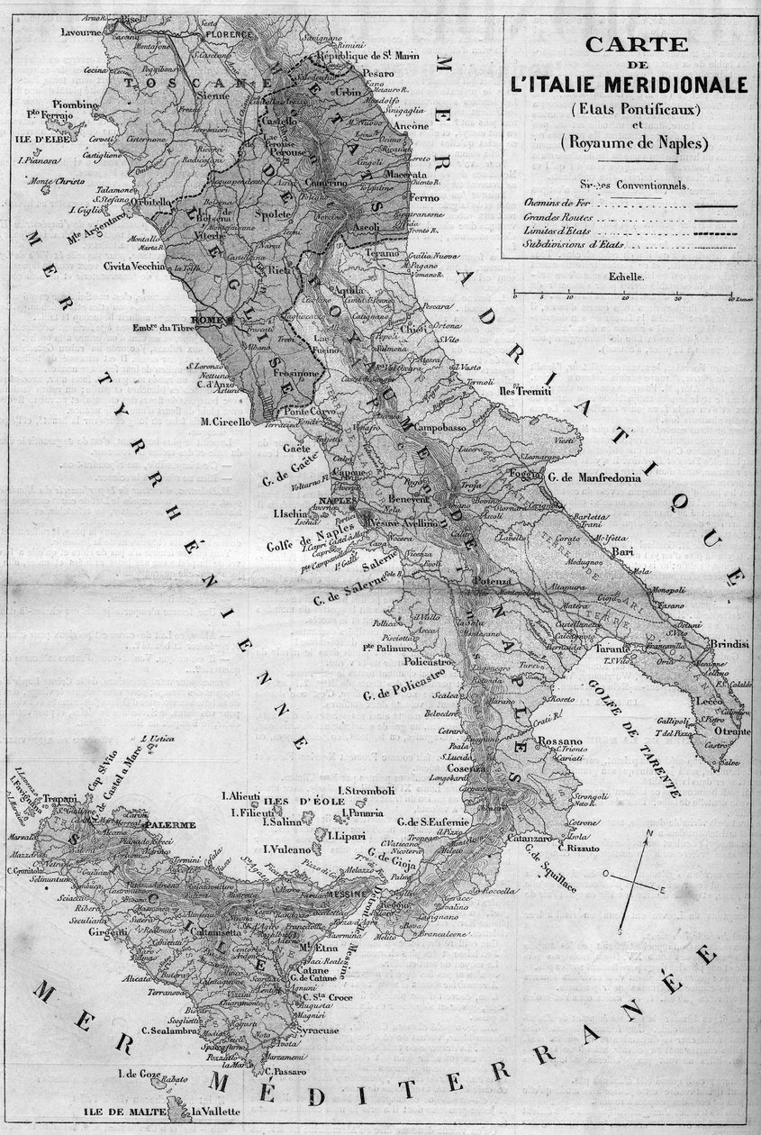 Geografisk kort over Meridional Italien i 1860: Pavelige stater og Kongeriget Napoli. Indgravering i "" Le Monde Illustré"" nr. 163 af 26. maj 1860. af French School
