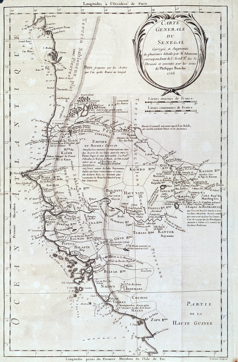 Geografisk kort over Senegal fra et atlas af Philippe Buache (1700-1773) 1756 Paris, Naturhistorisk Museum af French School