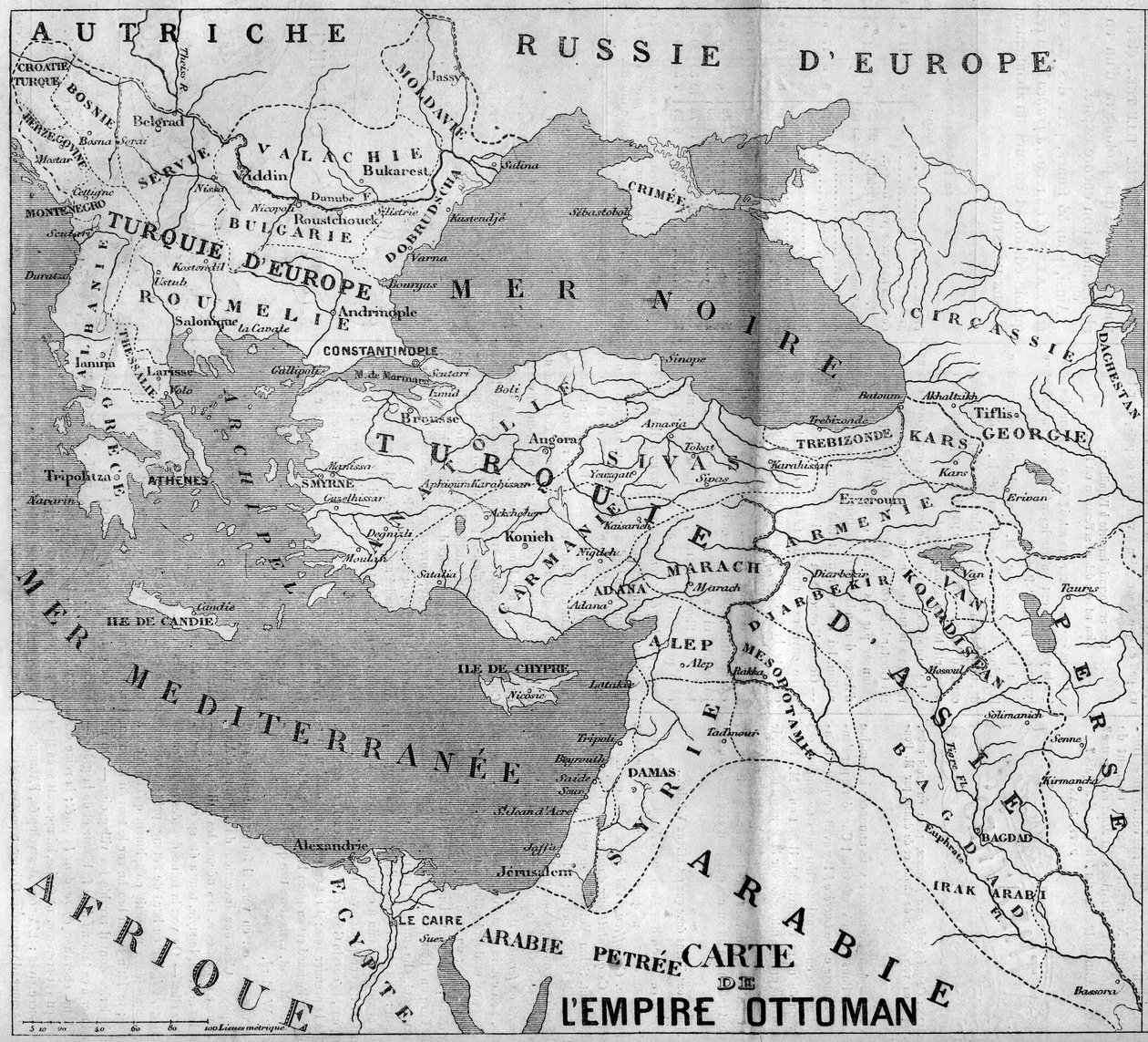 Geografisk kort over Det Osmanniske Rige i 1860. Indgravering i "" Le Monde Illustré"" nr. 173 af 4. august 1860. af French School