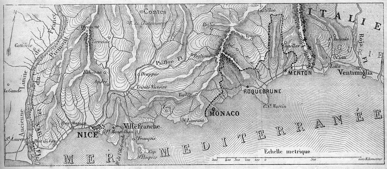 Geografisk kort over Principaute de Monaco, i 1861, før byen Roquebrune og Menton sluttede sig til Frankrig. Indgravering i "" Le Monde Illustré"" nr. 202 af 23. februar 1861. af French School