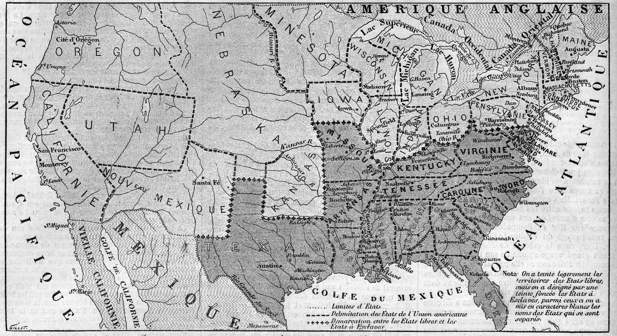 Geografisk kort over USA i marts 1861. Slaveristater er repræsenteret i løbet. Skrevet i hvidt, navnene på de syv konfødererede stater, der adskilte sig fra Unionen: Texas, South Carolina, Mississippi, Florida, Alabama, Georgi af French School