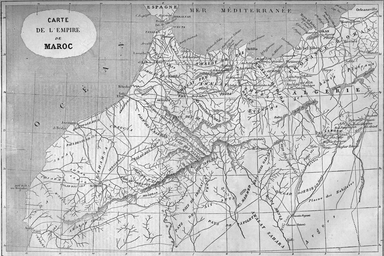 Geografisk kort over Marokkos imperium i 859. Indgravering i "" Le Monde Illustré"" nr. 129 af 1. oktober 1859. af French School