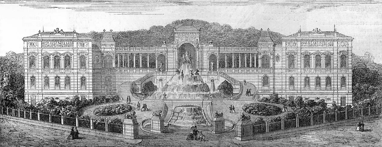 Geometrisk udsigt over Palais de Longchamp i Marseille, Bouches du Rhone (13), bygget i 1862 af Henri Jacques Esperandieu (1829-1874). Indgravering i "" The Illustrated World"" nr. 681 af 30. april af French School