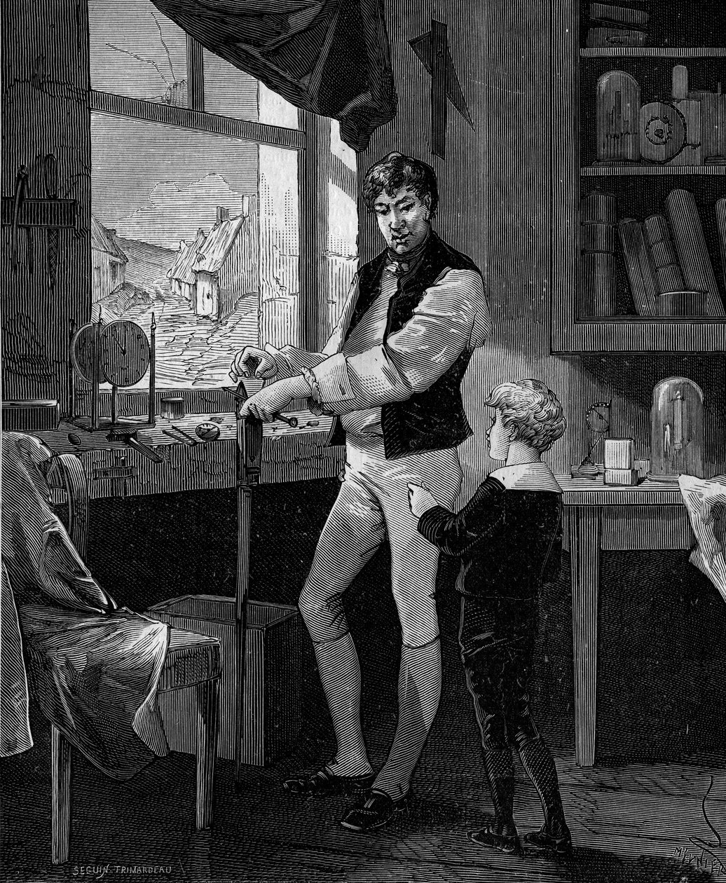George Stephenson, britisk ingeniør (1781-1848) med sin søn. af French School