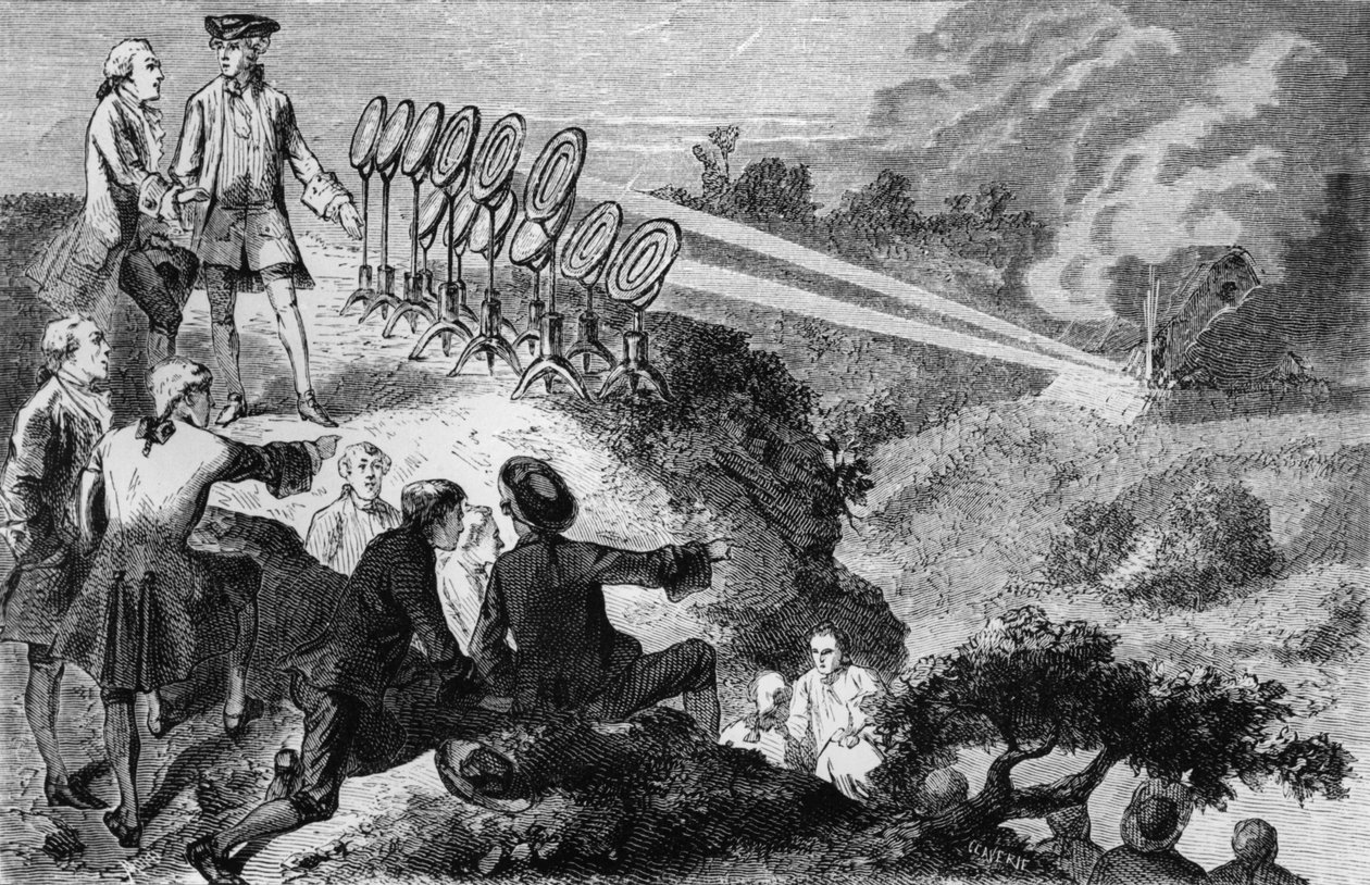 Georges-Louis Leclerc (1707-88) Greve de Buffon eksperimenterer med flammende spejle på høstakke ved Montbard, fra La Vie des Savants Illustres af Louis Figuier, udgivet i Paris i 1872 (bw p. af French School