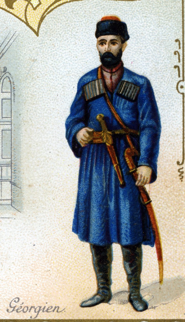georgisk mand. Udgave af det parisiske litografi, slutningen af det 19. århundrede. Serie på 25 reklamekromoer til Dijon-fremstillingen af kiks Pernot, skabt i 1869. Detalje af karaktererne i traditionel kostume af French School