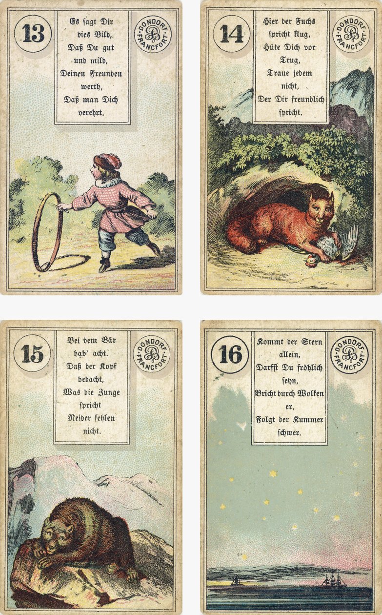 Tysk udgave af Lenormand French cartomancy dæk: The Child, The Fox, The Bear, The Star, udgivet af Dondorf, Frankfurt, 19th Century af French School