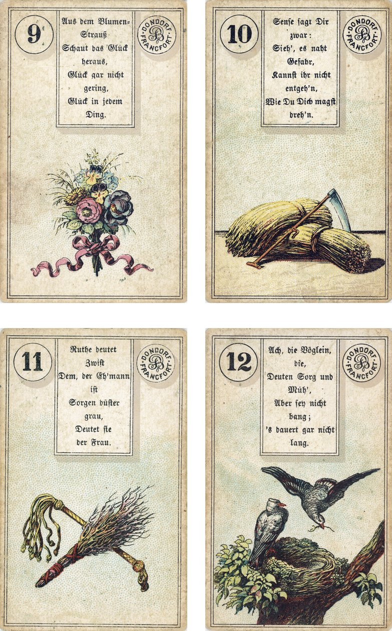 Tysk udgave af Lenormand French cartomancy dæk: Blomsterne, Leen, Birkestangen Pisken, Fuglene, udgivet af Dondorf, Frankfurt, 1800-tallet af French School