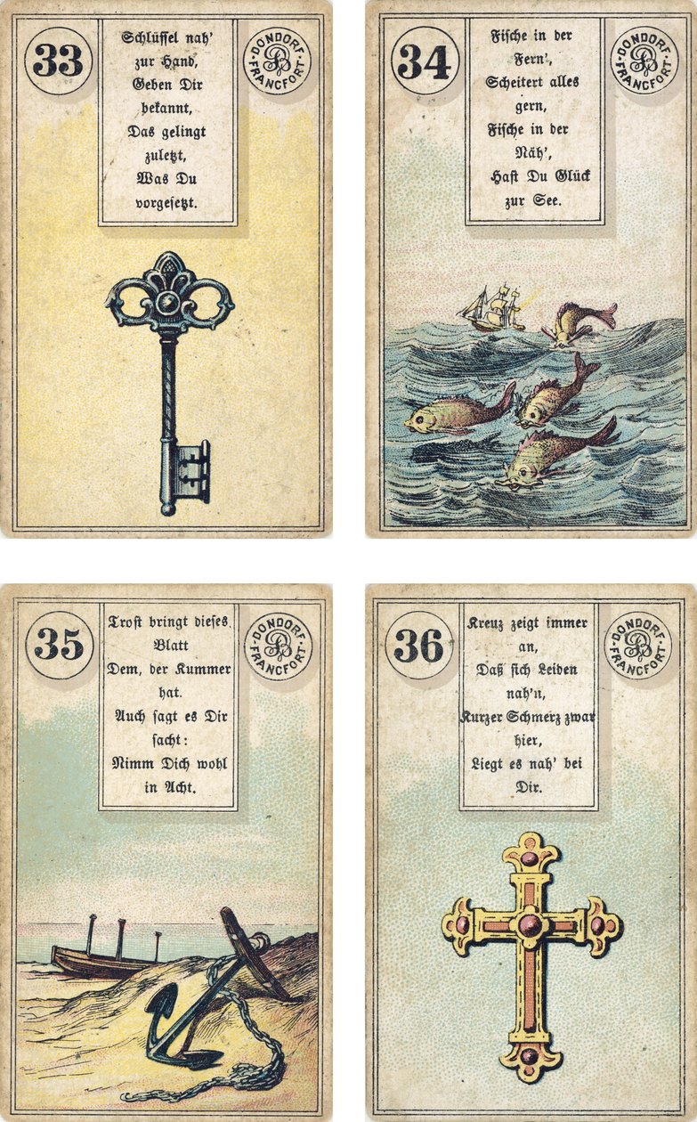 Tysk udgave af Lenormand French cartomancy dæk: The Key, The Fish, The Anchor, The Cross, udgivet af Dondorf, Frankfurt, 19th Century af French School