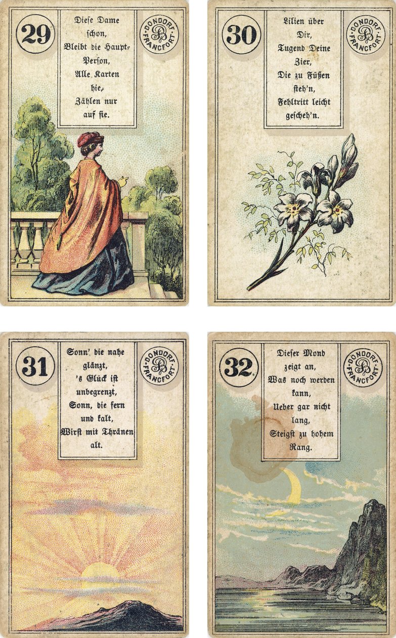 Tysk udgave af Lenormand French cartomancy dæk: The Lady, The LiliesThe Lily, The Sun, The Moon, udgivet af Dondorf, Frankfurt, 19th Century af French School