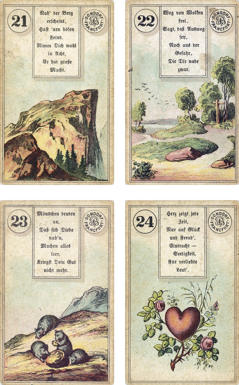 Tysk udgave af Lenormand French cartomancy deck: The Mountain, The Road, The Mice, The Heart, udgivet af Dondorf, Frankfurt, 19th Century af French School