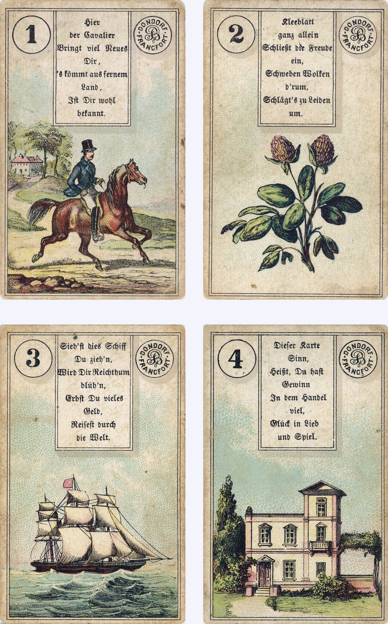 Tysk udgave af Lenormand French cartomancy dæk: The Rider, The Clover, The Ship, The House, udgivet af Dondorf, Frankfurt, 19th Century af French School