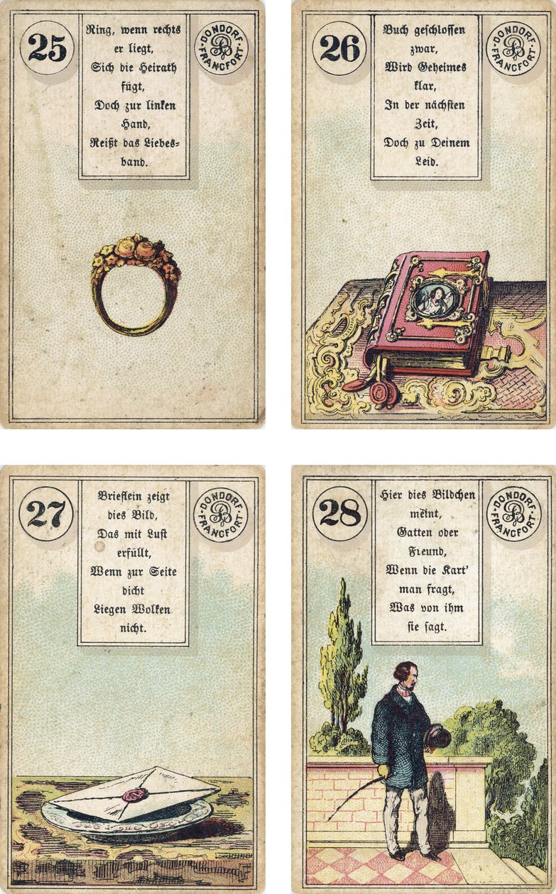Tysk udgave af Lenormand French cartomancy dæk: The Ring, The Book, The Letter, The Gentleman, udgivet af Dondorf, Frankfurt, 19th Century af French School