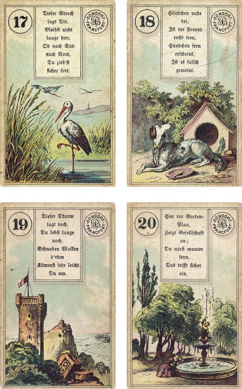 Tysk udgave af Lenormand French cartomancy deck: The Stork,The Dog, The Tower,The Garden, udgivet af Dondorf, Frankfurt, 19th Century af French School
