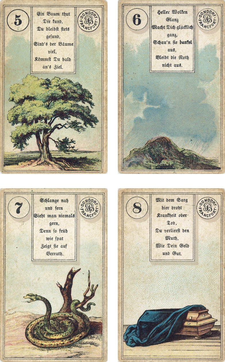 Tysk udgave af Lenormand French cartomancy dæk: The Tree, The Clouds, The Snake, The Coffin, udgivet af Dondorf, Frankfurt, 19th Century af French School