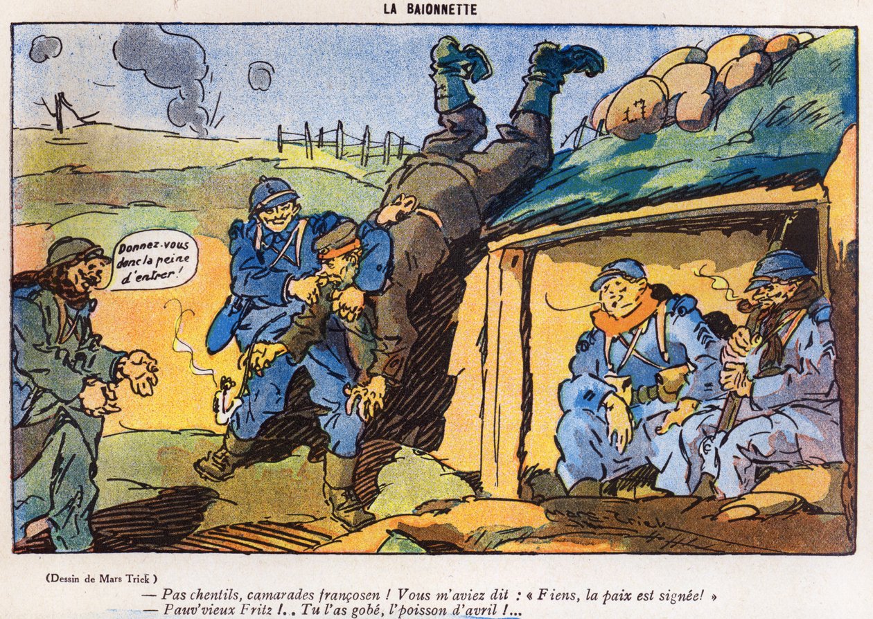 Tysk soldat fanget af franske soldater som et resultat af et trick, tegneserie fra aprilsnar (Poisson dAvril)-udgaven af magasinet La Baionette, 29. marts 1917 af French School
