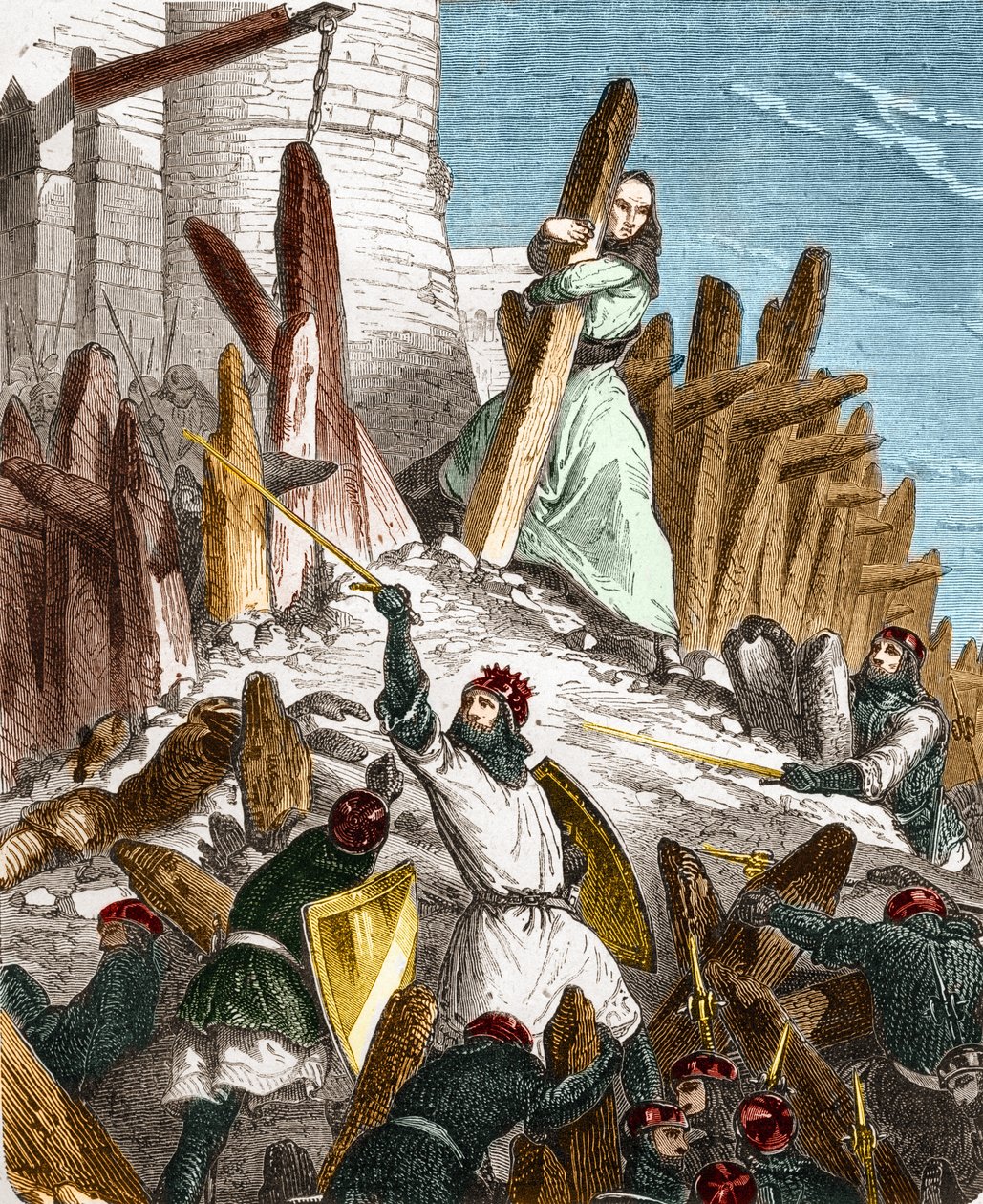 Geurre mod Hugues du Puiset af Louis le Gros: Angreb på Chateau du Puiset (beliggende i departementet Eure-et-Loir) af styrkerne fra kongen af ​​Frankrig LOUIS VI le Gros i 1118. Indgravering i "Histoire De France En Et hundrede malerier af Paul Lehugeur af French School