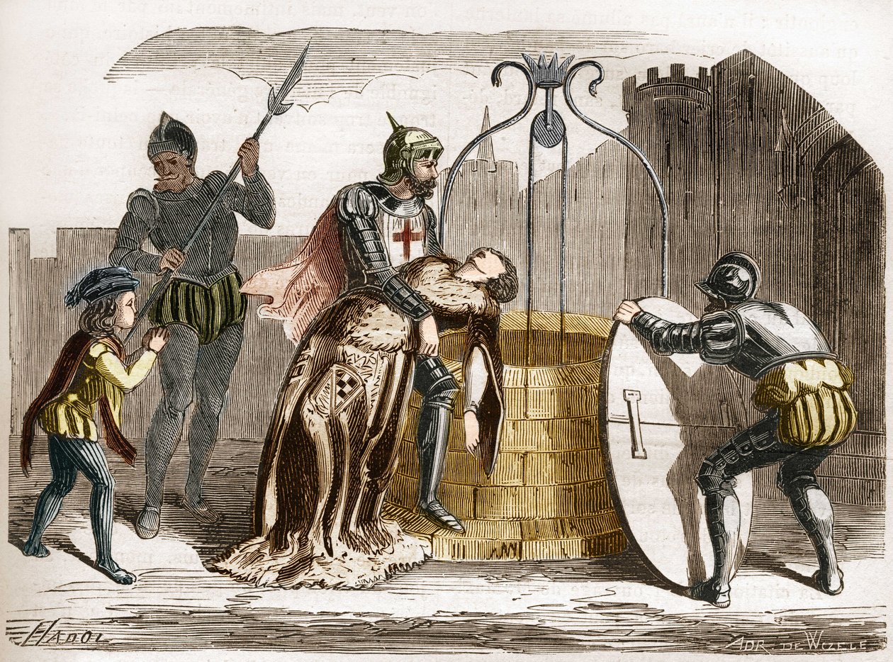 Gilles de Rais (Retz eller Rays) (1404-1440), marechal fra Frankrig gør sin kone perir. Indstik i "Prostitutionens og udskejelsens historie blandt alle verdens folkeslag fra oldtiden til i dag" af Dr. Th. -F. Debray. 1879. af French School