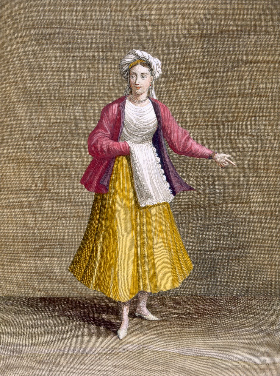 Pige fra St. John of Patmos, fra samling af hundrede tryk, der repræsenterer Levantens forskellige nationer af Charles de Ferriol, indgraveret af Gerard Scotin (1671-1716), 1707-08 (farvet eng. af French School