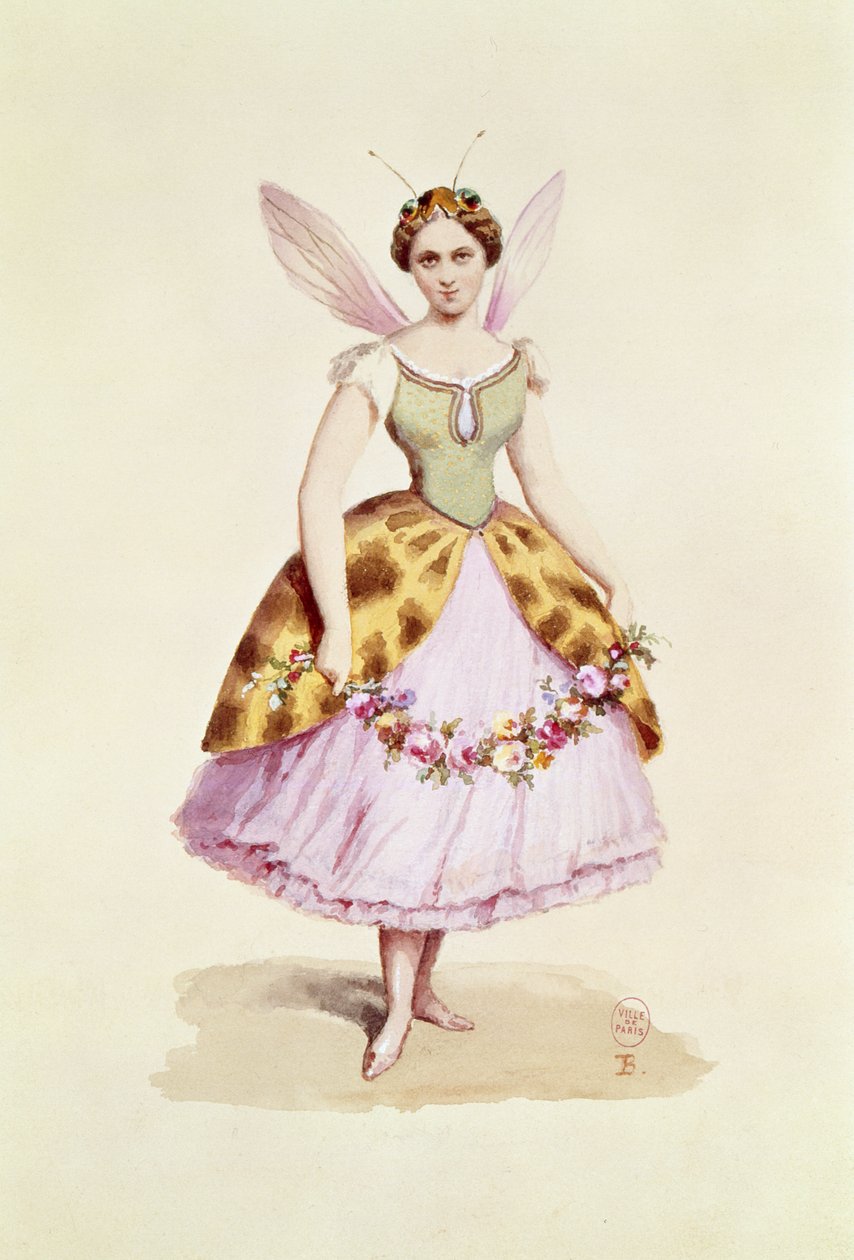 Pige i et bikostume, Bonaparte-emblemet, som båret til en fest med udklædning givet af Napoleon III og kejserinde Eugenie, 9. februar 1863 (wc på papir) af French School
