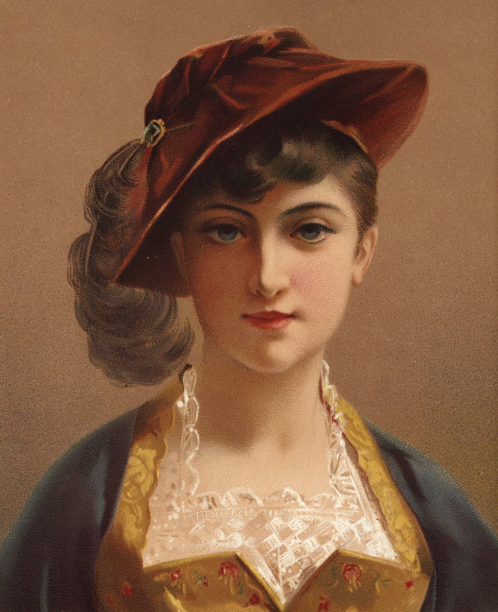 Pige med rød fløjlshue (chromolitho) af French School