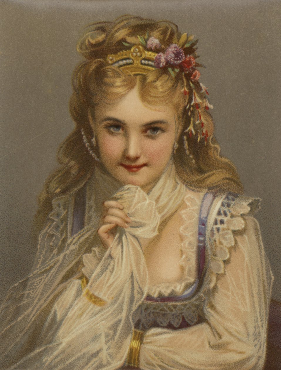 Pige med blondt hår, juveler, blomster og genert smil (chromolitho) af French School