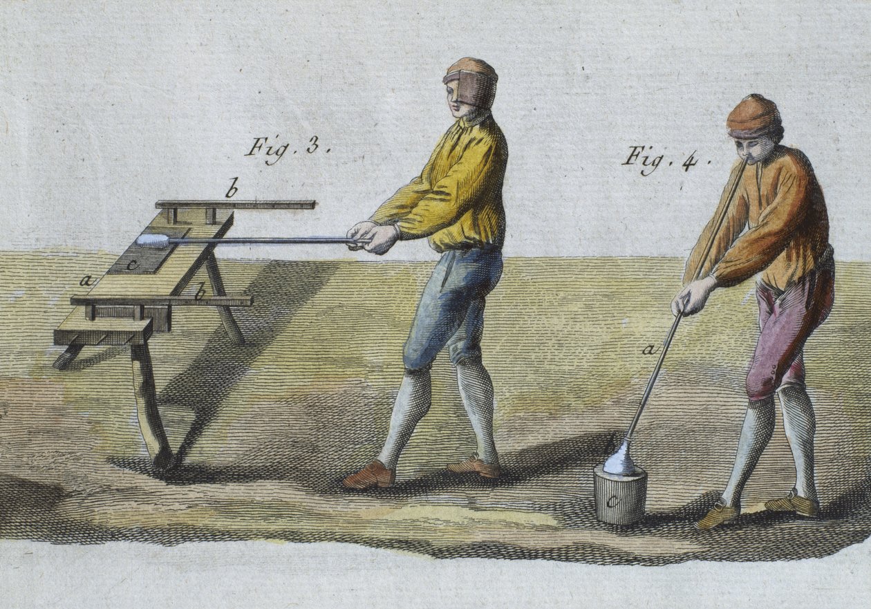 Glaspusteri, detaljer, illustration fra Encyclopedie des Sciences et Metiers af Denis Diderot (1713-84) indgraveret af Robert Benard (fl.1734) udgivet ca. 1770 (farvestik) (se også 326118) af French School