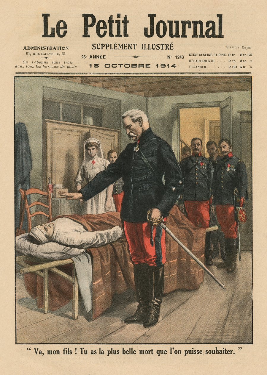 Gå, min søn, du har fået den smukkeste død, end man kan ønske, forsideillustration fra Le Petit Journal, supplement illustre, 18. oktober 1914 af French School