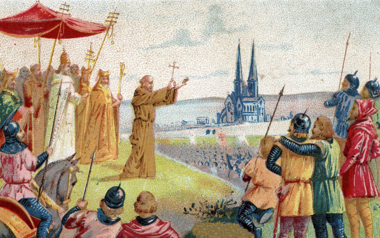 Gud vil have det! Eremitten Peter prædiker korstoget (1095 - 1099) Kromolitografi fra slutningen af det 19. århundrede. af French School
