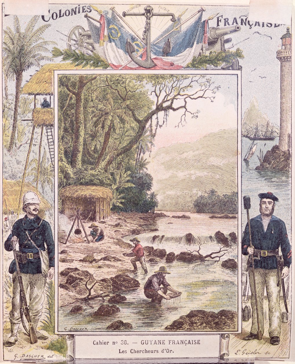 Guldgravere i Fransk Guyana, omslag til skolebog, ca. 1880 af French School