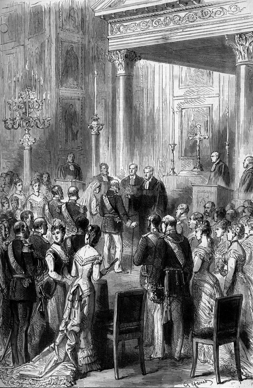 Guldbryllup af den tyske kejser William I (1797-1888) og Impress Augusta (1811-1890): Religiøs ceremoni i kapellet i det kejserlige palads i Berlin, juni 1879. Indgravering i "" Le Monde Illustré"" nr. 1162 i juli 5 af French School