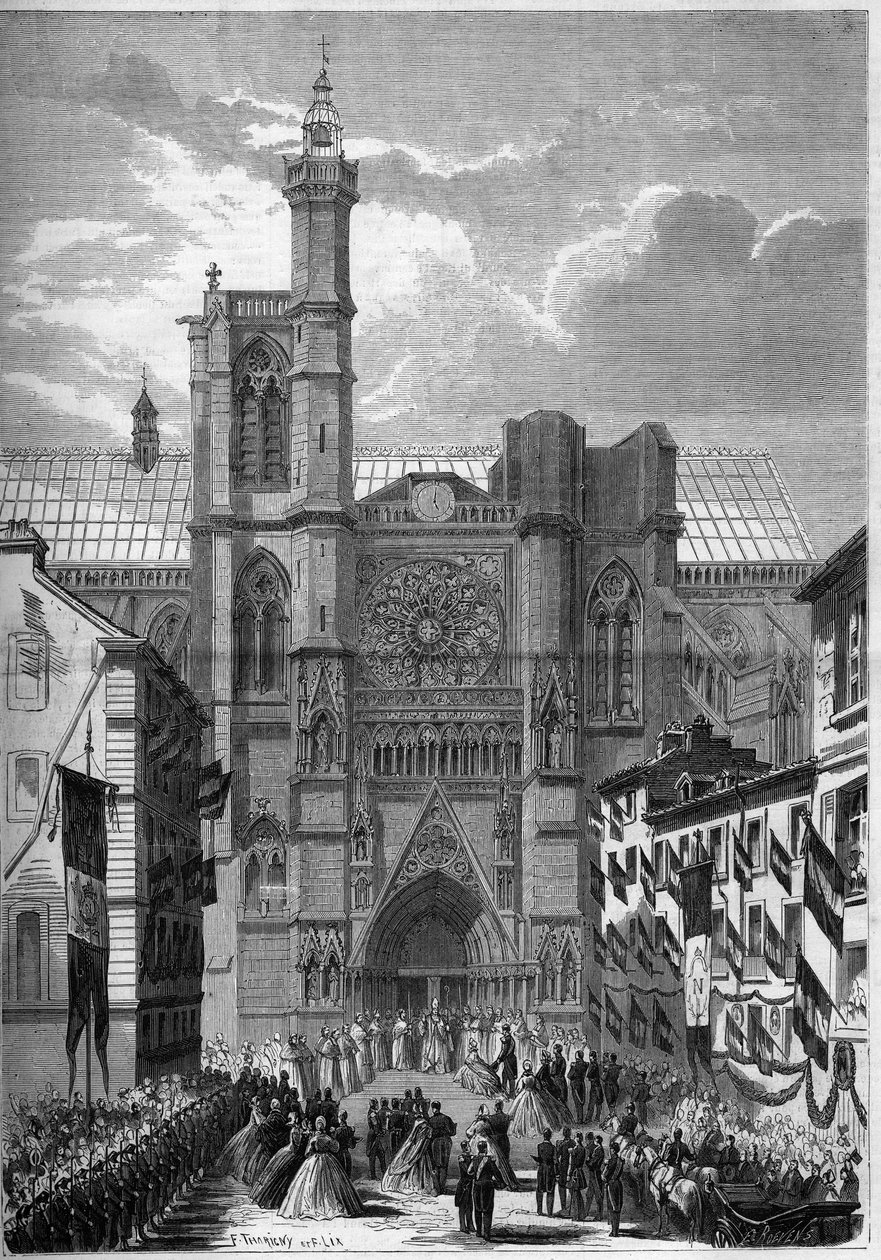 Gotisk arkitektur: udsigt over katedralen Notre Dame de Clermont Ferrand (Clermond-Ferrand), Puy de Dome (63), under besøget af Napoleon III og imponeren Eugenie de Montijo i 1862. Indgravering i "" Le Monde Illustré"" n °275 af 19. juli 1862. af French School