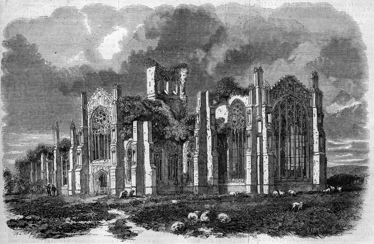 Gotisk arkitektur: udsigt over ruinerne af Melrose Abbey (1100-tallet), Skotland af French School