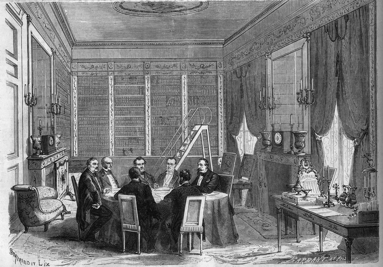 Det andet imperiums regering: Ministerrådet ledet af kejser Napoleon III (1808-1873) afholdt i biblioteket i slottet Compiegne af French School