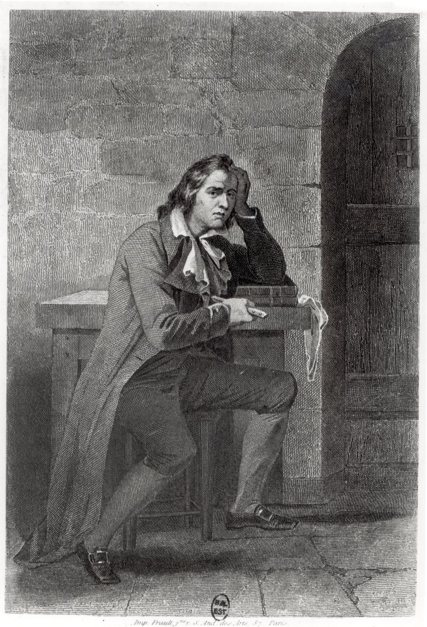Gracchus Babeuf (1760-97) stikker sig selv (gravering) (s/h foto) af French School