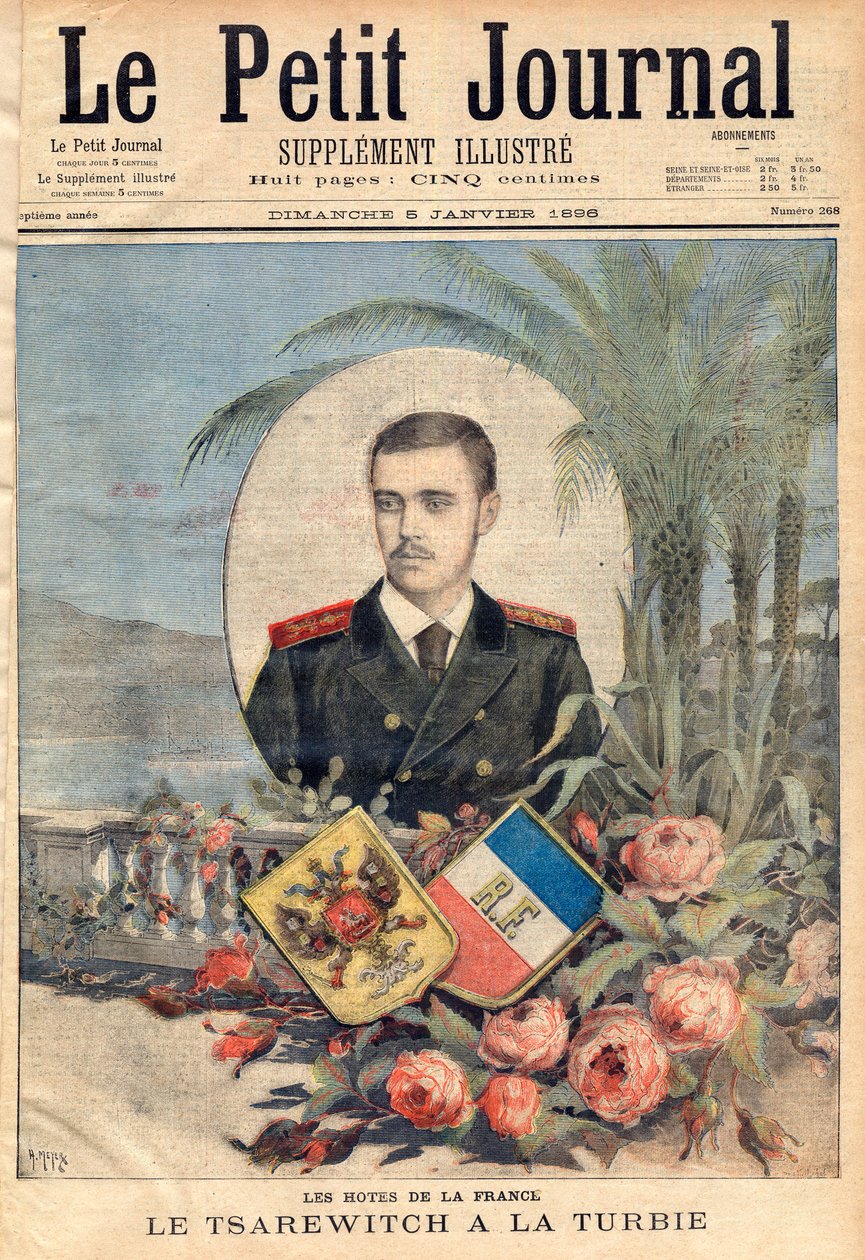 Storhertug og russisk tsarevich George Alexandrovich, bror til zar Nicholas II på besøg i La Turbie, Frankrig, "le Petit Journal", 5. januar 1896 (gravering) af French School